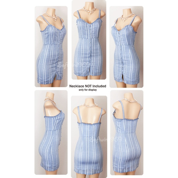 Light Blue Striped Button Cotton Cute Fitted Dress - Picture 7 of 8